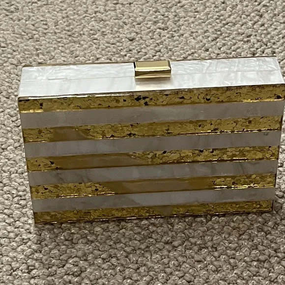 Gold and White Striped Clutch w/Gold Crossbody Chain Strap from Like Dreams - Picture 7 of 16